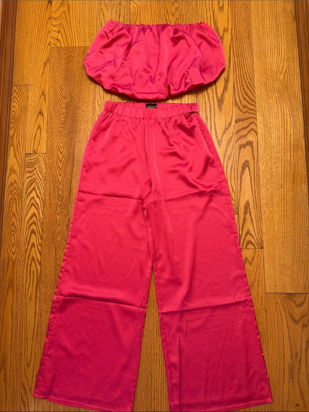 Sugarlips Hot Pink Satin Two-Piece Set - Strapless Top & Wide Leg Pants